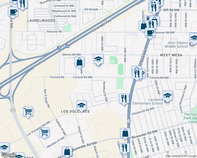map of restaurants, bars, coffee shops, grocery stores, and more near 6801 Photinia Place Northwest in Albuquerque