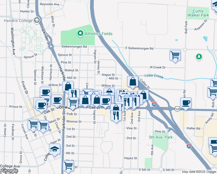 map of restaurants, bars, coffee shops, grocery stores, and more near 321 Willow Street in Conway