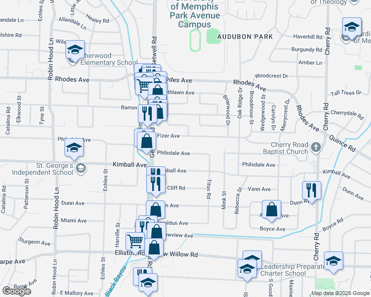 map of restaurants, bars, coffee shops, grocery stores, and more near 4032 Philsdale Avenue in Memphis