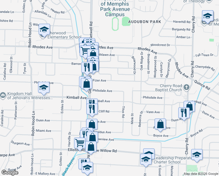 map of restaurants, bars, coffee shops, grocery stores, and more near 4032 Philsdale Avenue in Memphis