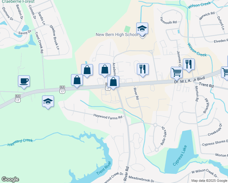 map of restaurants, bars, coffee shops, grocery stores, and more near 4109 Doctor Martin Luther King Junior Boulevard in New Bern