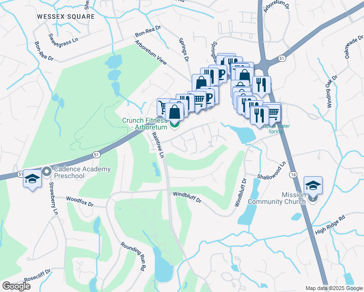 map of restaurants, bars, coffee shops, grocery stores, and more near 8015 Greenside Court in Charlotte