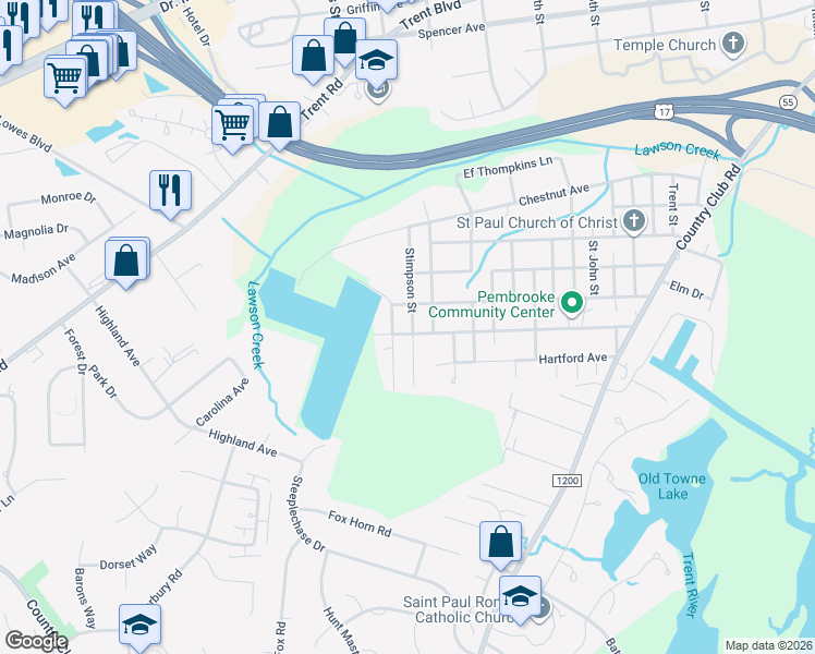 map of restaurants, bars, coffee shops, grocery stores, and more near 2802 Moore Avenue in New Bern
