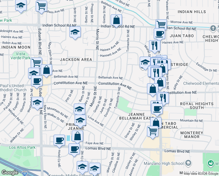 map of restaurants, bars, coffee shops, grocery stores, and more near 11209 Ralph Avenue Northeast in Albuquerque