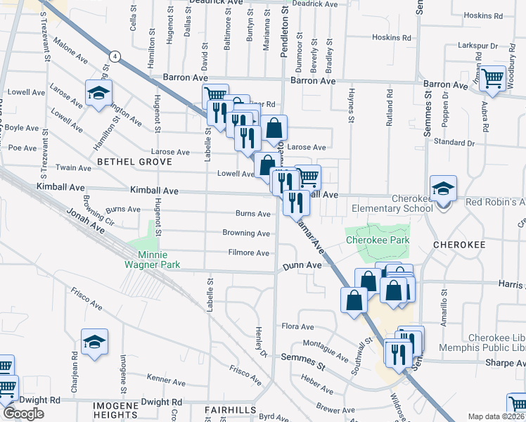 map of restaurants, bars, coffee shops, grocery stores, and more near 2734 Burns Avenue in Memphis