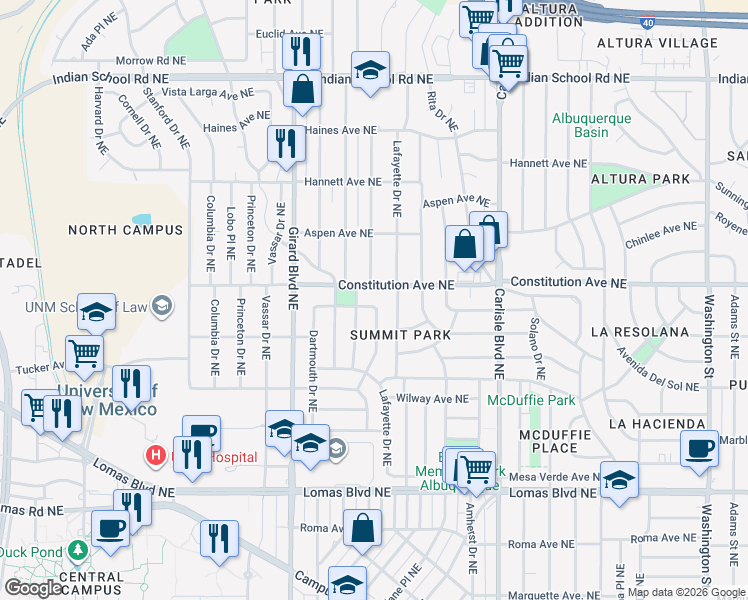 map of restaurants, bars, coffee shops, grocery stores, and more near 3133 Summit Place Northeast in Albuquerque