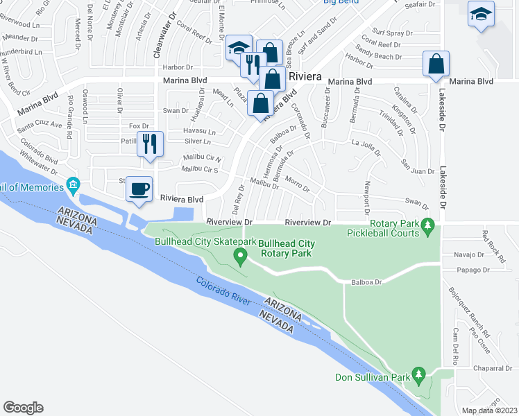 map of restaurants, bars, coffee shops, grocery stores, and more near 2226 Hermosa Drive in Bullhead City