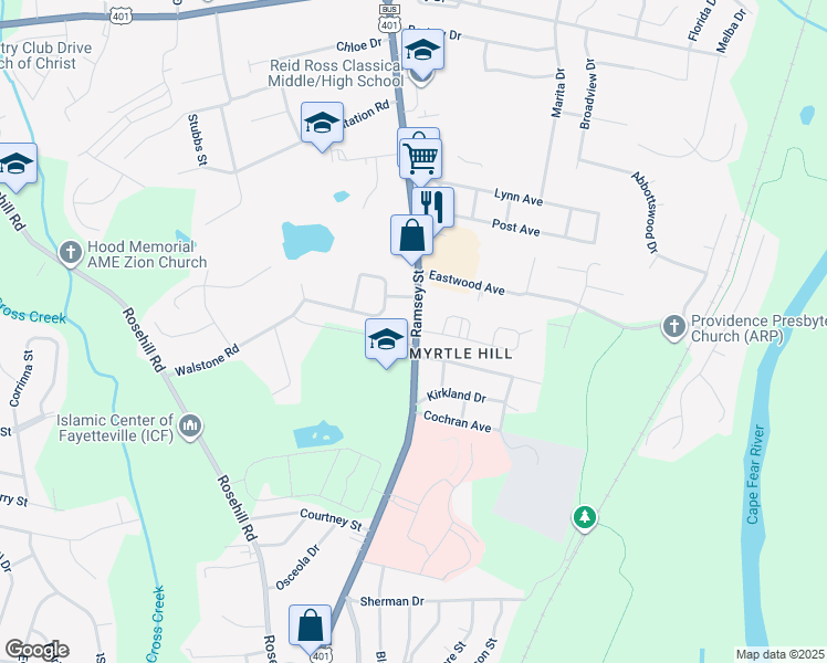 map of restaurants, bars, coffee shops, grocery stores, and more near in Fayetteville