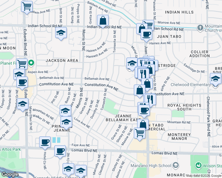 map of restaurants, bars, coffee shops, grocery stores, and more near 11401 Ralph Avenue Northeast in Albuquerque