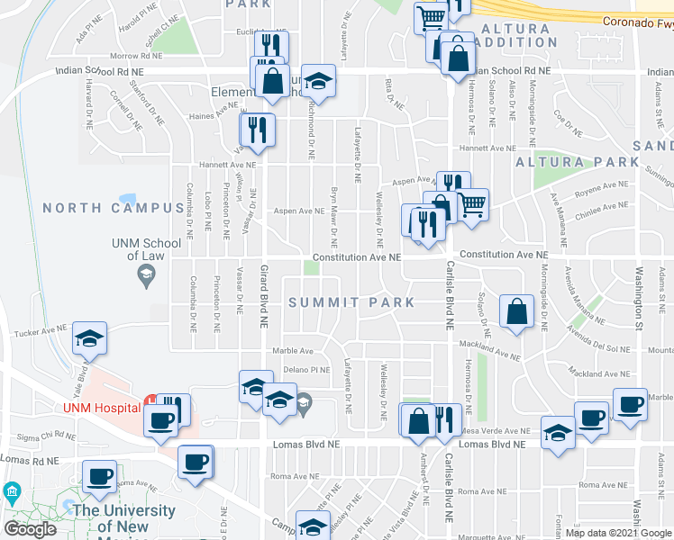 map of restaurants, bars, coffee shops, grocery stores, and more near 3133 Summit Place Northeast in Albuquerque