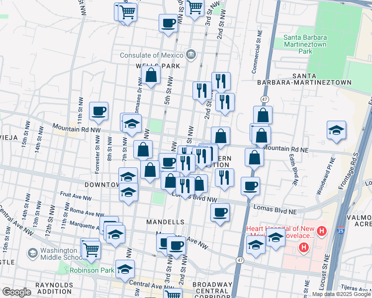 map of restaurants, bars, coffee shops, grocery stores, and more near in Albuquerque