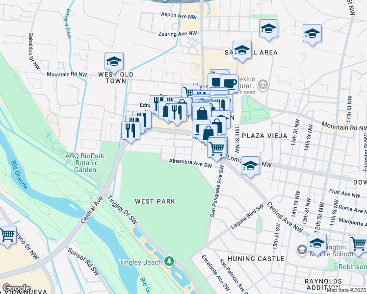 map of restaurants, bars, coffee shops, grocery stores, and more near 2110 New York Avenue Southwest in Albuquerque