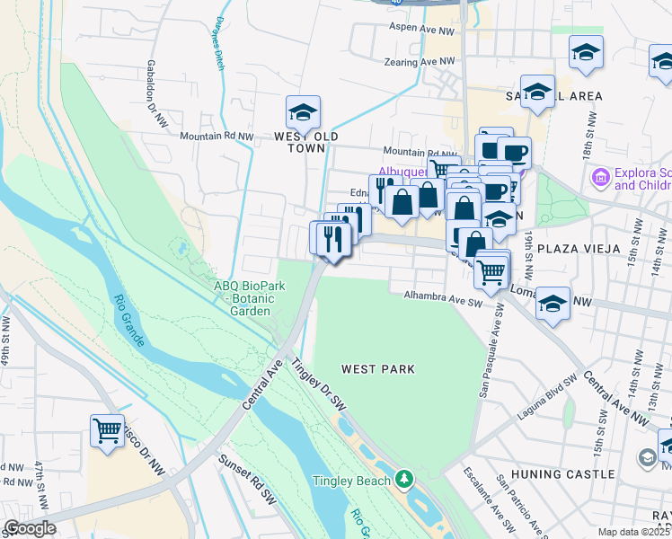 map of restaurants, bars, coffee shops, grocery stores, and more near 2500 Central Avenue Southwest in Albuquerque