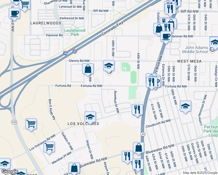 map of restaurants, bars, coffee shops, grocery stores, and more near 6801 Photinia Place Northwest in Albuquerque