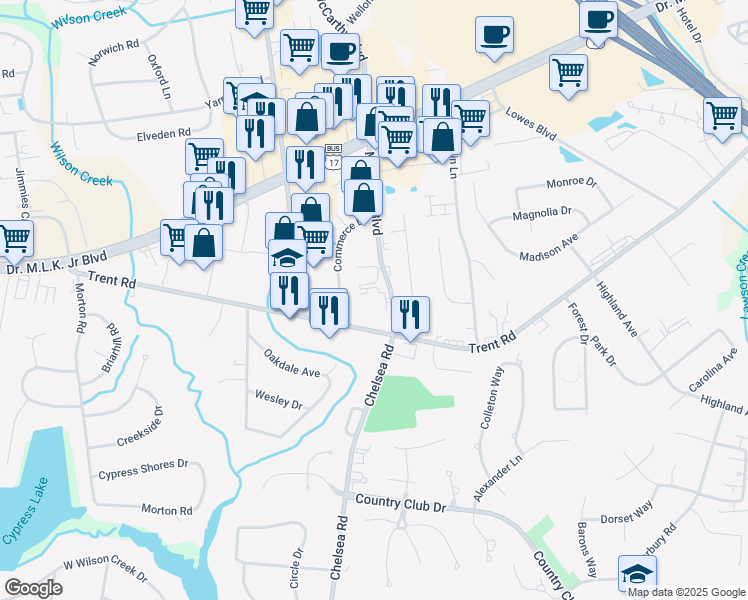 map of restaurants, bars, coffee shops, grocery stores, and more near 1309 McCarthy Boulevard in New Bern