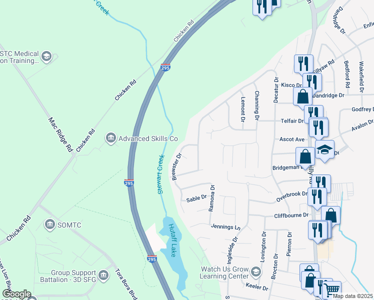 map of restaurants, bars, coffee shops, grocery stores, and more near 268 Brewster Drive in Fayetteville