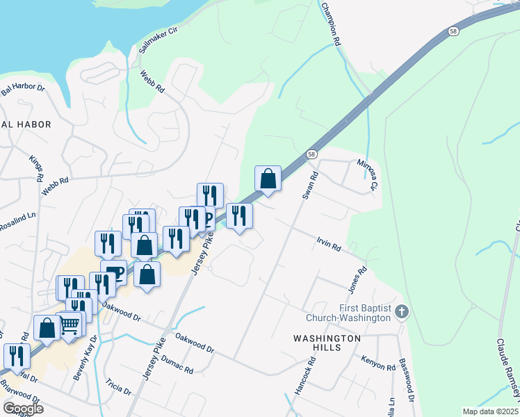 map of restaurants, bars, coffee shops, grocery stores, and more near 5008 Highway 58 in Chattanooga