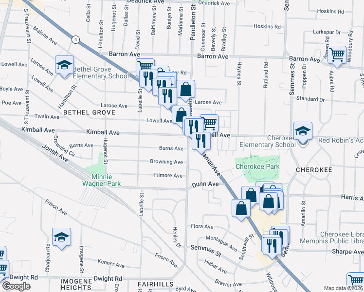 map of restaurants, bars, coffee shops, grocery stores, and more near 2734 Burns Avenue in Memphis