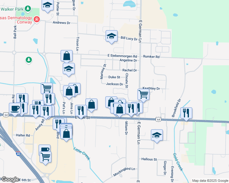 map of restaurants, bars, coffee shops, grocery stores, and more near 1750 Village Commons Drive in Conway