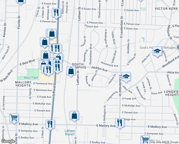 map of restaurants, bars, coffee shops, grocery stores, and more near 396 Fernwood Avenue in Memphis