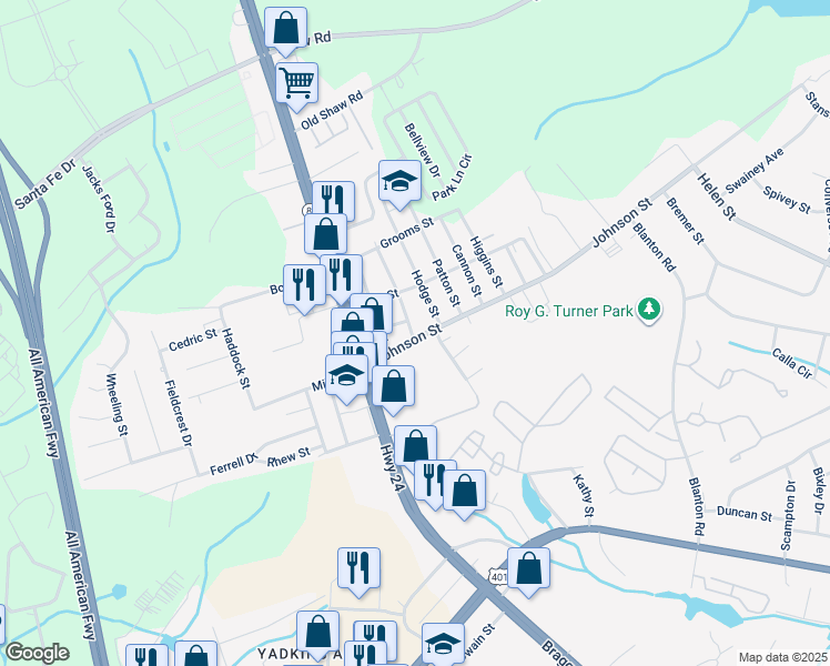 map of restaurants, bars, coffee shops, grocery stores, and more near 203 Johnson Street in Fayetteville