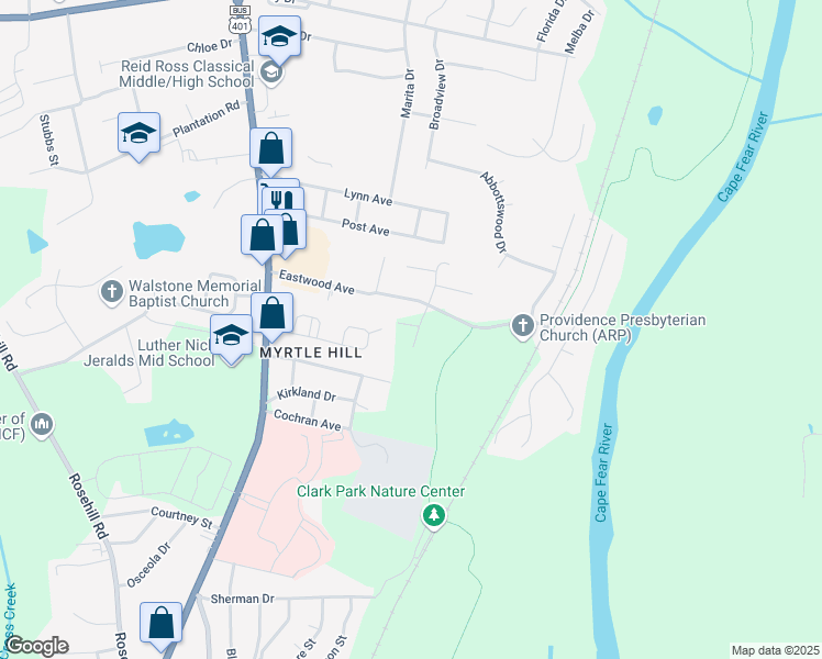 map of restaurants, bars, coffee shops, grocery stores, and more near 2711 Kentberry Avenue in Fayetteville