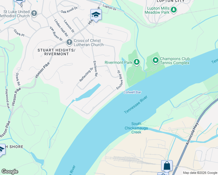 map of restaurants, bars, coffee shops, grocery stores, and more near 3129 Enclave Bay Drive in Chattanooga