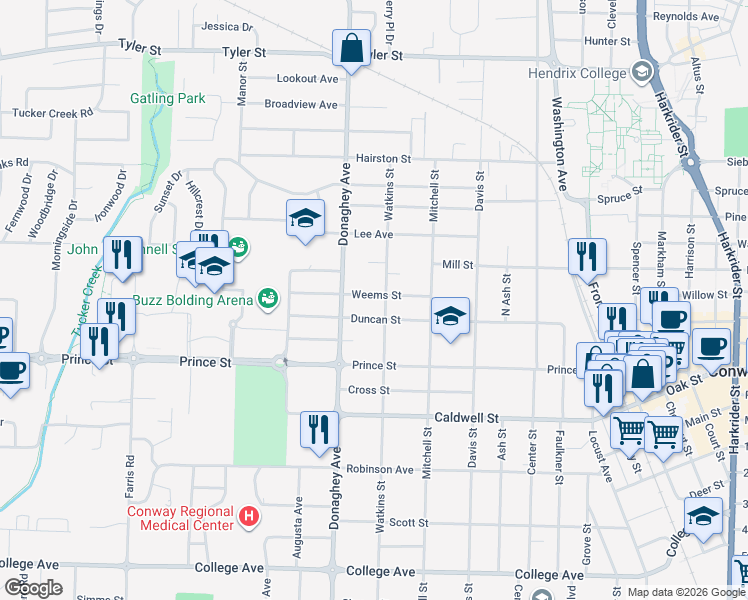 map of restaurants, bars, coffee shops, grocery stores, and more near 2016 Duncan Street in Conway
