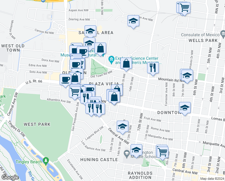 map of restaurants, bars, coffee shops, grocery stores, and more near 615 16th Street Northwest in Albuquerque