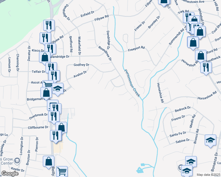 map of restaurants, bars, coffee shops, grocery stores, and more near 1008 Castlebay Court in Fayetteville