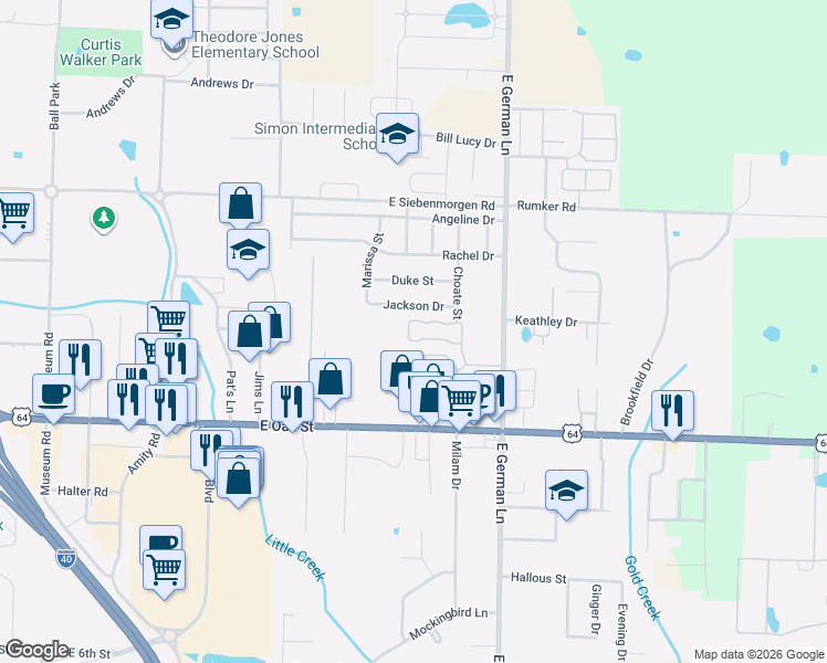 map of restaurants, bars, coffee shops, grocery stores, and more near 1750 Village Commons Drive in Conway