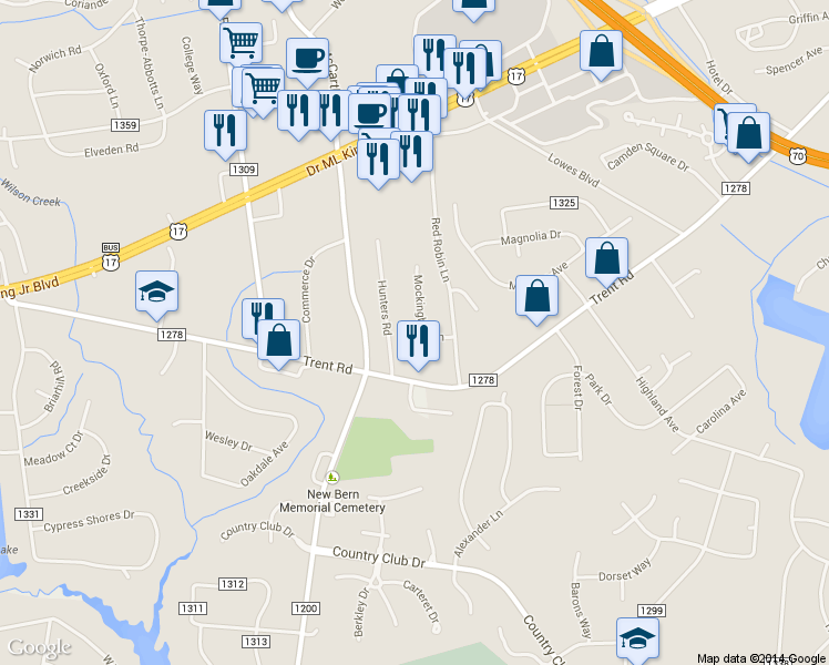 map of restaurants, bars, coffee shops, grocery stores, and more near 1409 Mockingbird Lane in New Bern