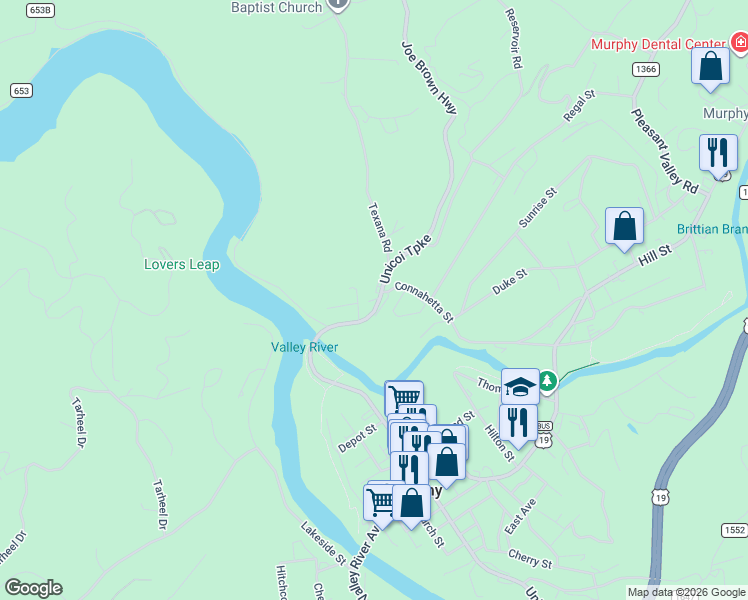 map of restaurants, bars, coffee shops, grocery stores, and more near 549 Tennessee Street in Murphy