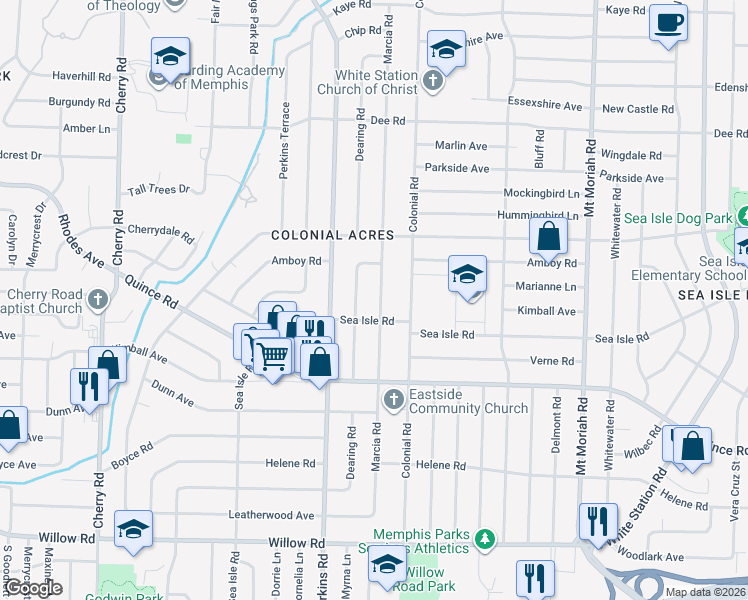 map of restaurants, bars, coffee shops, grocery stores, and more near 1378 Dearing Road in Memphis