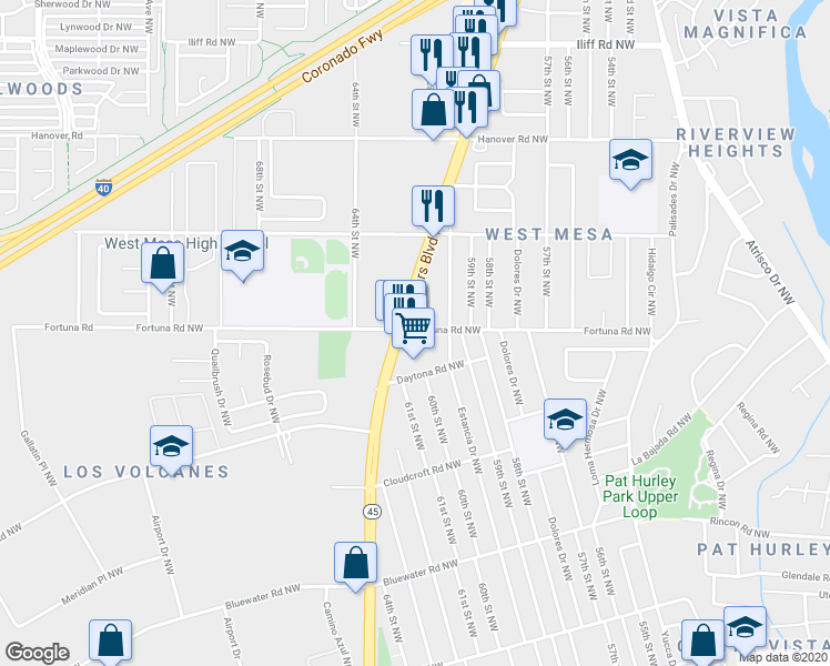 map of restaurants, bars, coffee shops, grocery stores, and more near 6100 Fortuna Road Northwest in Albuquerque