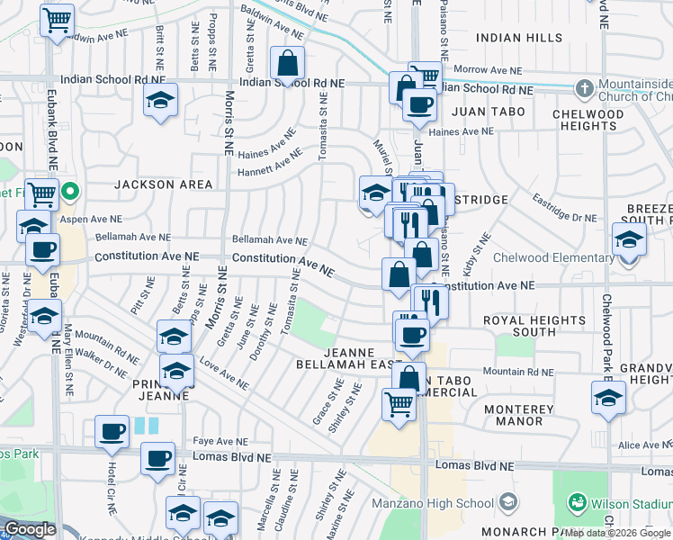 map of restaurants, bars, coffee shops, grocery stores, and more near 11501 Constitution Avenue Northeast in Albuquerque