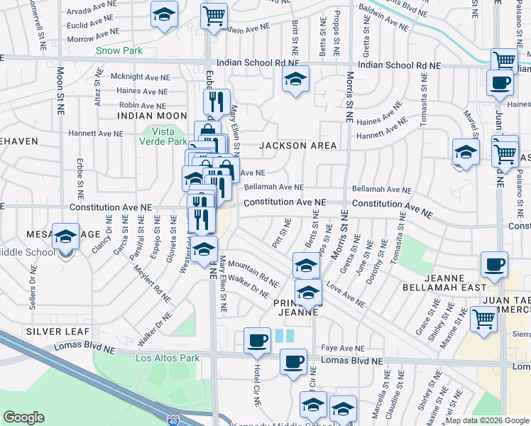 map of restaurants, bars, coffee shops, grocery stores, and more near 1208 Ralph Court Northeast in Albuquerque