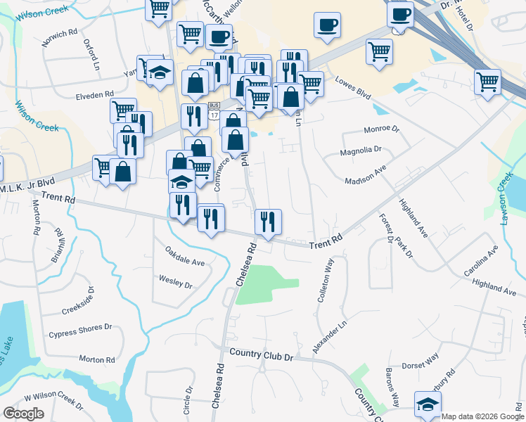 map of restaurants, bars, coffee shops, grocery stores, and more near in New Bern