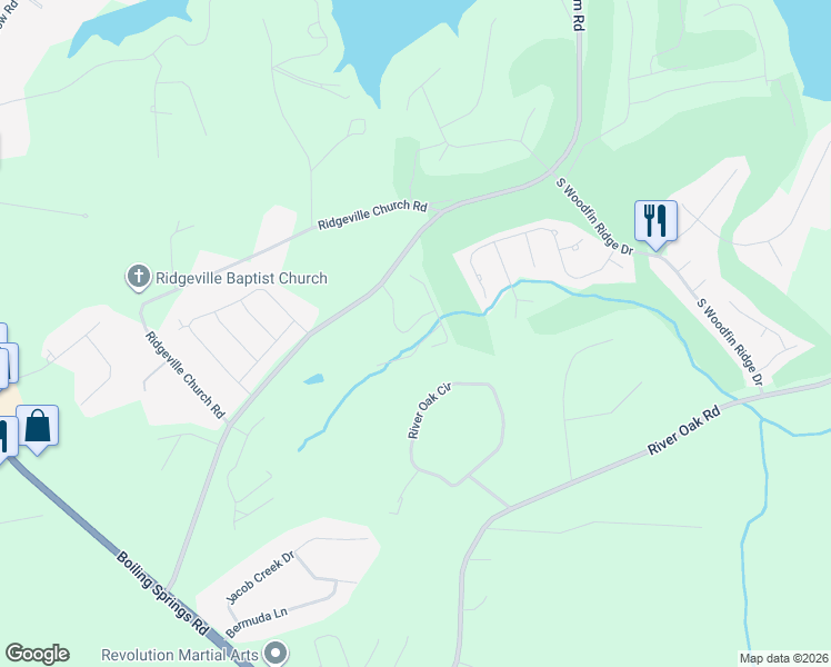 map of restaurants, bars, coffee shops, grocery stores, and more near 140 Southern Oaks Drive in Inman