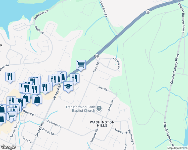 map of restaurants, bars, coffee shops, grocery stores, and more near 5005 Swan Road in Chattanooga