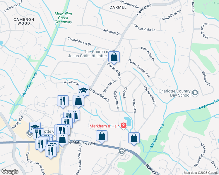 map of restaurants, bars, coffee shops, grocery stores, and more near 5901 Rimerton Drive in Charlotte
