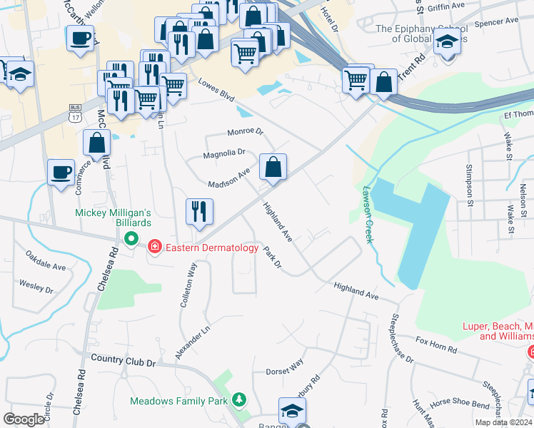 map of restaurants, bars, coffee shops, grocery stores, and more near 1211 Highland Avenue in Trent Woods