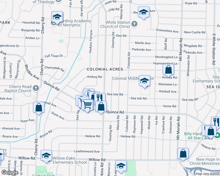 map of restaurants, bars, coffee shops, grocery stores, and more near 1367 Dearing Road in Memphis