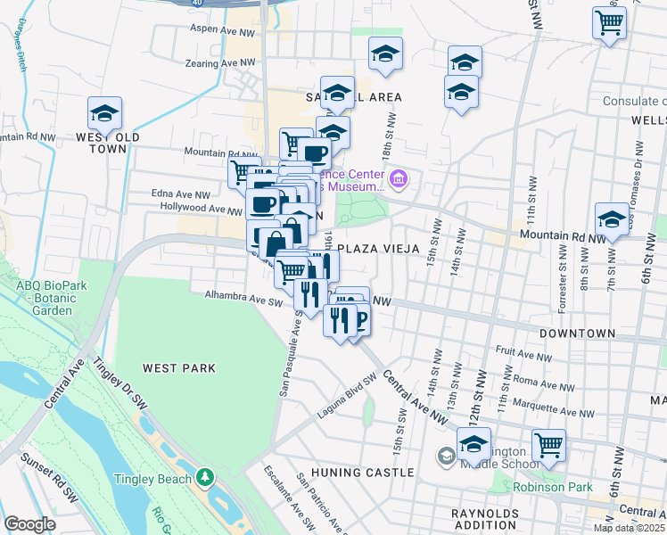 map of restaurants, bars, coffee shops, grocery stores, and more near 209 19th Street Northwest in Albuquerque