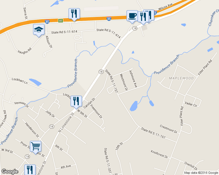 map of restaurants, bars, coffee shops, grocery stores, and more near Ryan Park Apartment in Gaffney