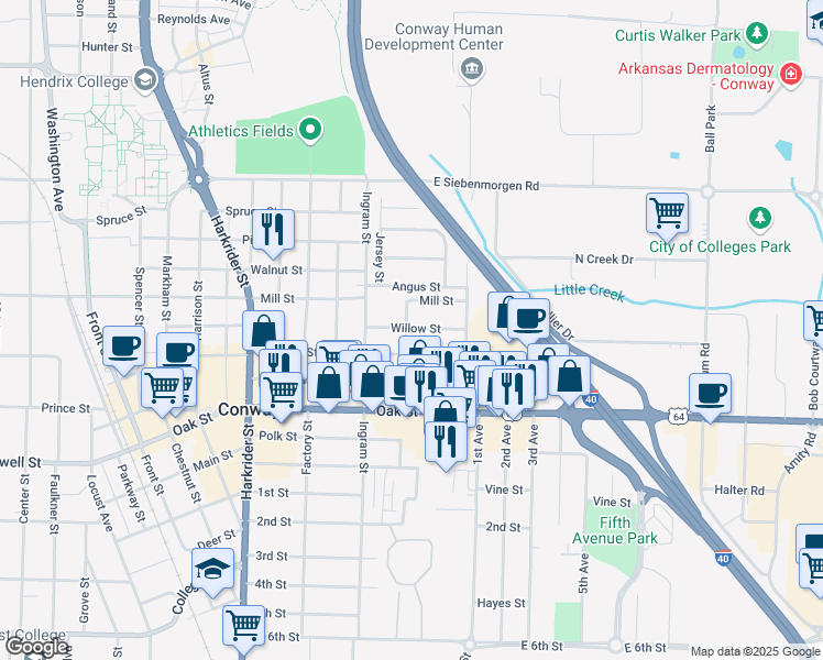 map of restaurants, bars, coffee shops, grocery stores, and more near 1180 Neal Street in Conway