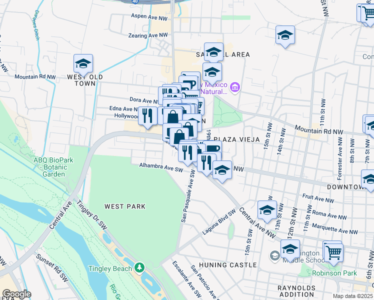 map of restaurants, bars, coffee shops, grocery stores, and more near 110 San Felipe Street Northwest in Albuquerque