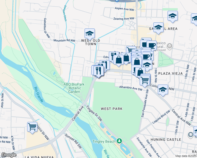 map of restaurants, bars, coffee shops, grocery stores, and more near 2500 Central Avenue Southwest in Albuquerque