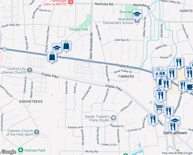map of restaurants, bars, coffee shops, grocery stores, and more near 7203 Plantation Circle in Germantown