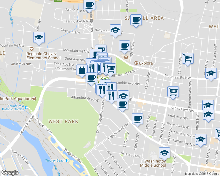 map of restaurants, bars, coffee shops, grocery stores, and more near 209 19th Street Northwest in Albuquerque
